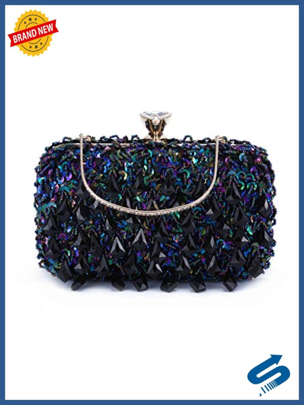 Vintage Rhinestone Sequin Evening Clutch Purse with Removable Chain Strap